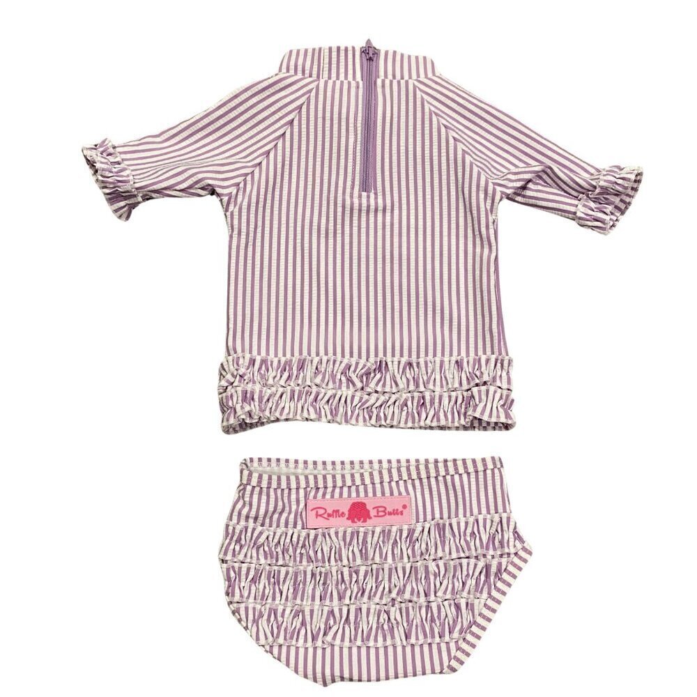 Ruffle Butts 3 piece Purple & White Seersucker Swimsuit & Hat - New! - Picture 3 of 6